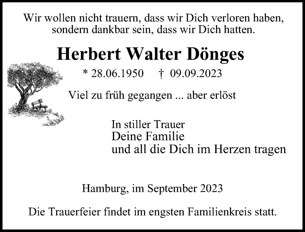  Traueranzeige für Herbert Walter Dönges vom 16.09.2023 aus Hamburger Abendblatt