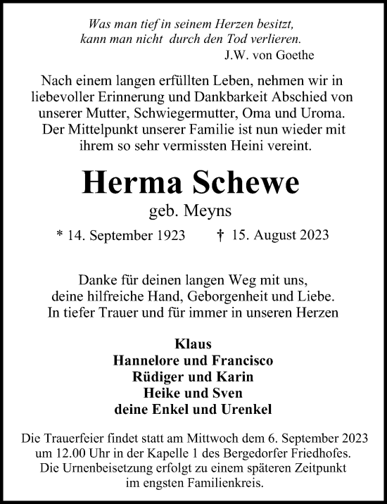 Traueranzeige von Herma Schewe 