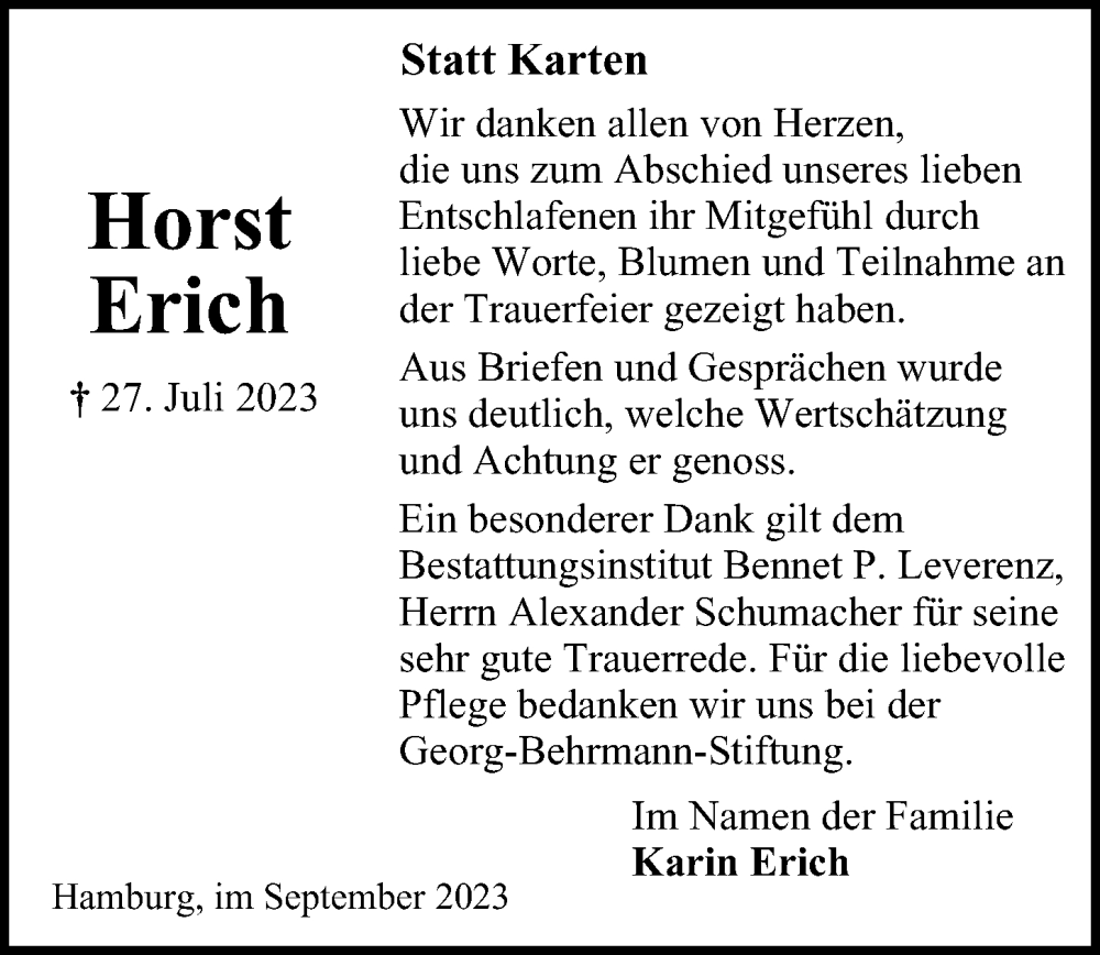  Traueranzeige für Horst Erich vom 16.09.2023 aus Bergedorfer Zeitung