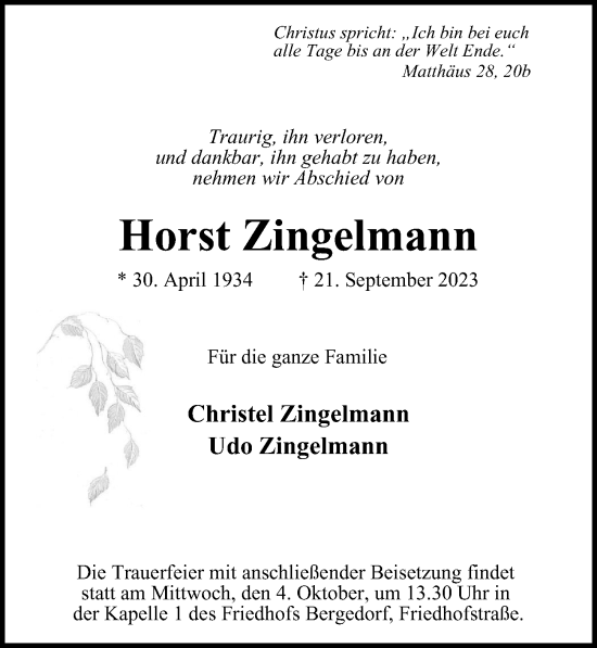 Traueranzeige von Horst Zingelmann von Hamburger Abendblatt