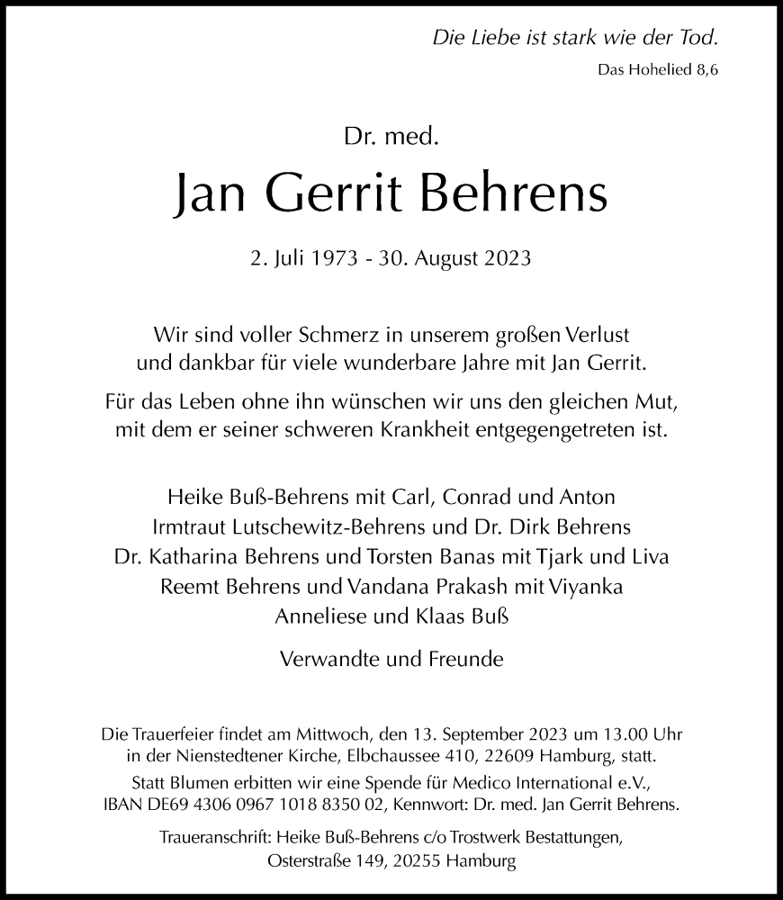  Traueranzeige für Jan Gerrit Behrens vom 09.09.2023 aus Hamburger Abendblatt