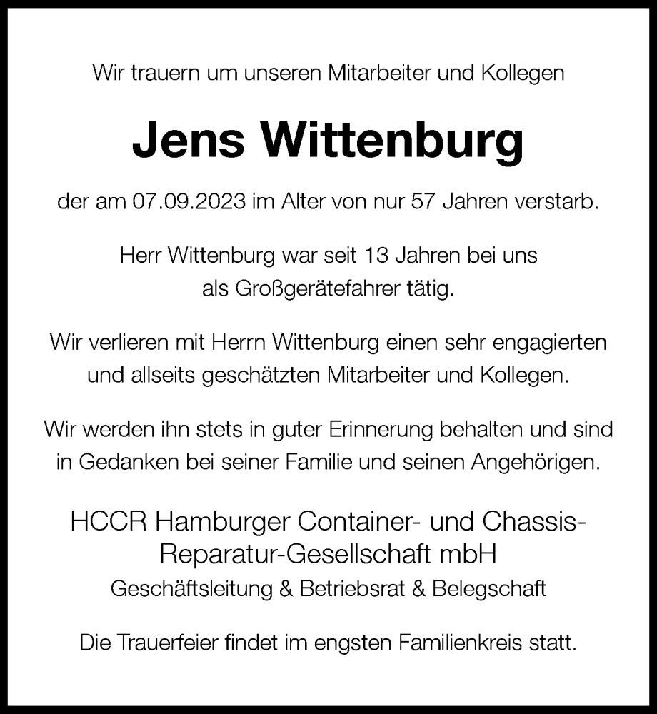  Traueranzeige für Jens Wittenburg vom 16.09.2023 aus Hamburger Abendblatt
