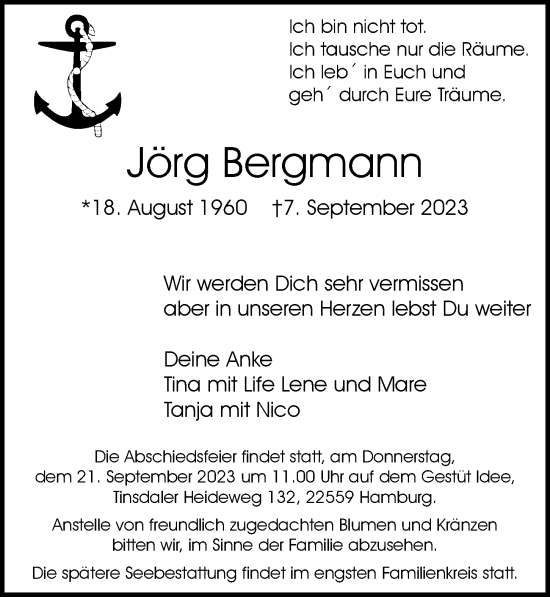 Traueranzeige von Jörg Bergmann von Hamburger Abendblatt