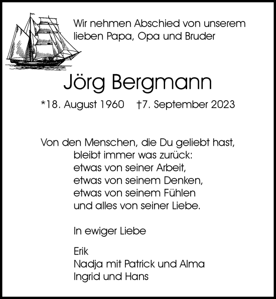 Traueranzeige von Jörg Bergmann von Hamburger Abendblatt