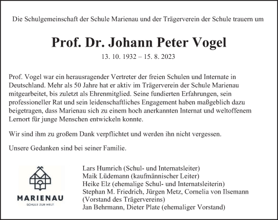 Traueranzeige von Johann Peter Vogel von Hamburger Abendblatt