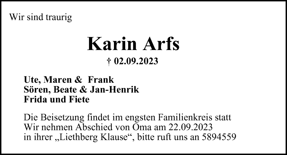  Traueranzeige für Karin Arfs vom 16.09.2023 aus 