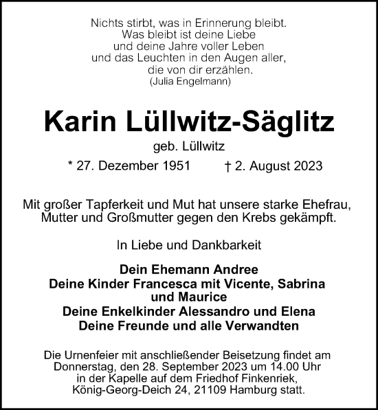 Traueranzeige von Karin Lüllwitz-Säglitz 
