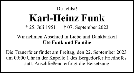 Traueranzeige von Karl-Heinz Funk 