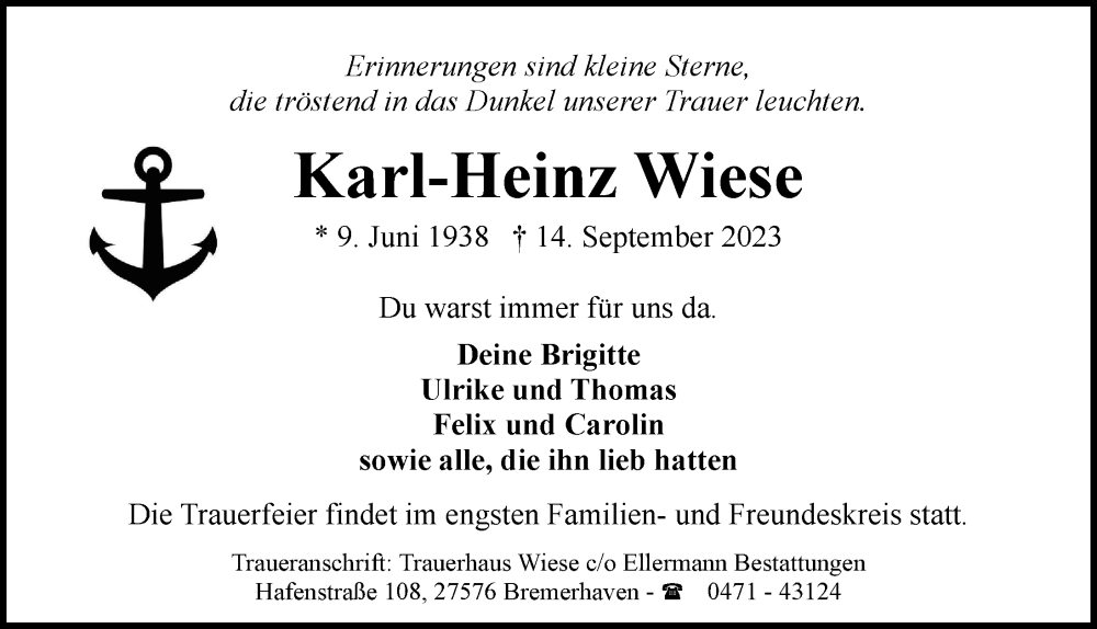  Traueranzeige für Karl-Heinz Wiese vom 16.09.2023 aus Hamburger Abendblatt
