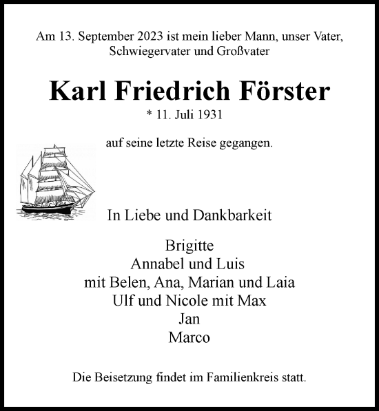 Traueranzeige von Karl Friedrich Förster von Hamburger Abendblatt