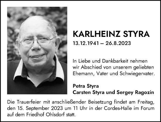 Traueranzeige von Karlheinz Styra von Hamburger Abendblatt