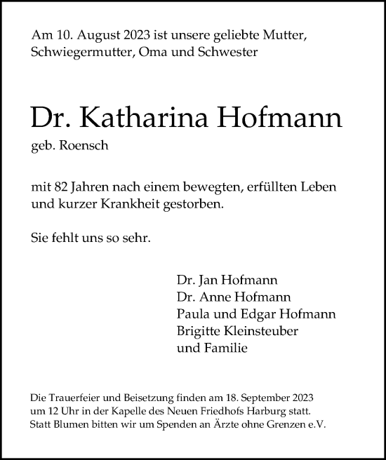 Traueranzeige von Katharina Hofmann von HA Regio Harburg
