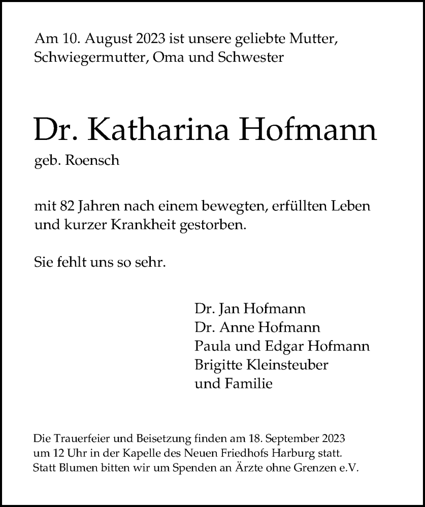  Traueranzeige für Katharina Hofmann vom 13.09.2023 aus HA Regio Harburg