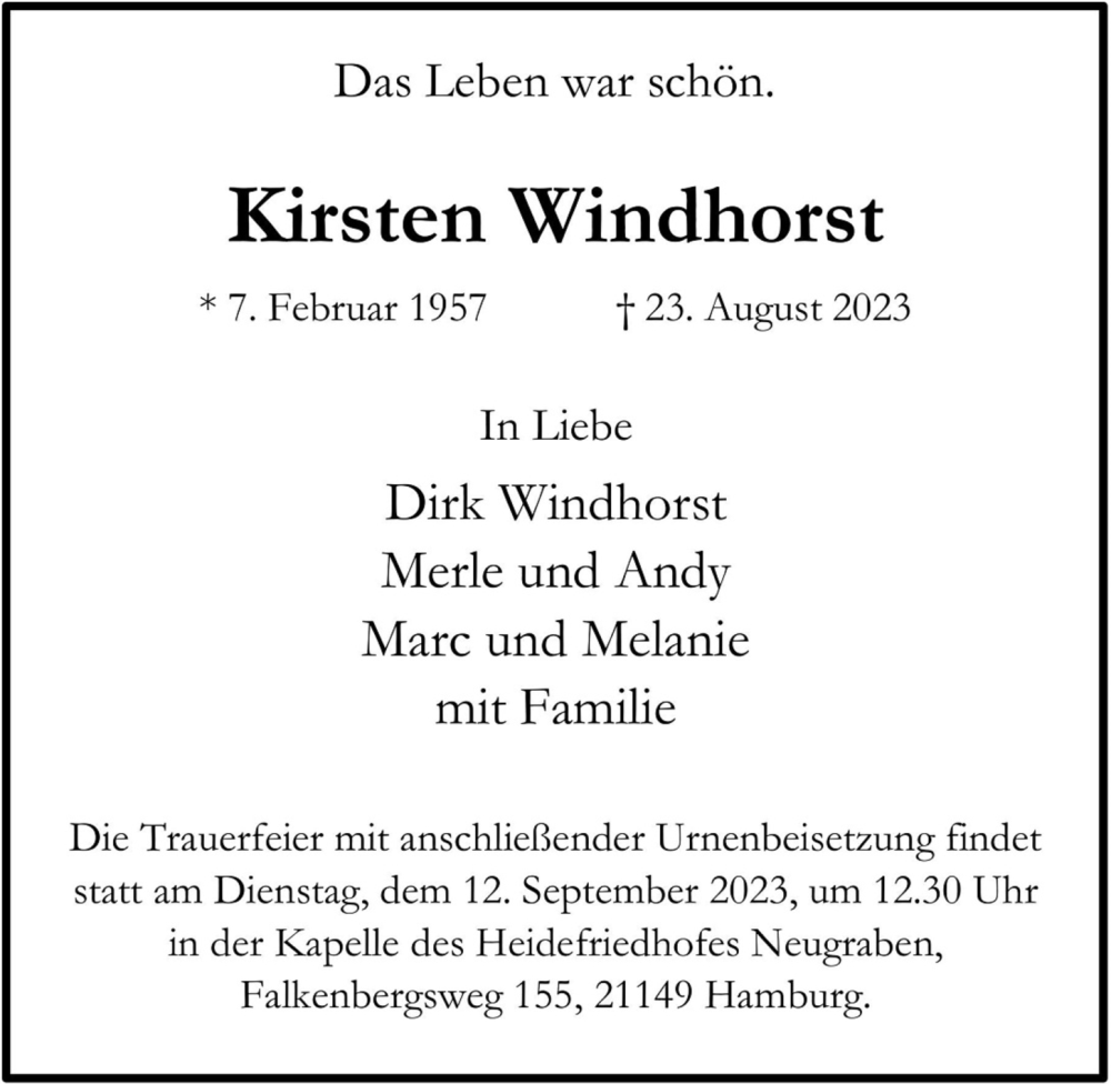  Traueranzeige für Kirsten Windhorst vom 02.09.2023 aus 