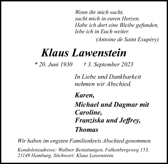 Traueranzeige von Klaus Lawenstein 