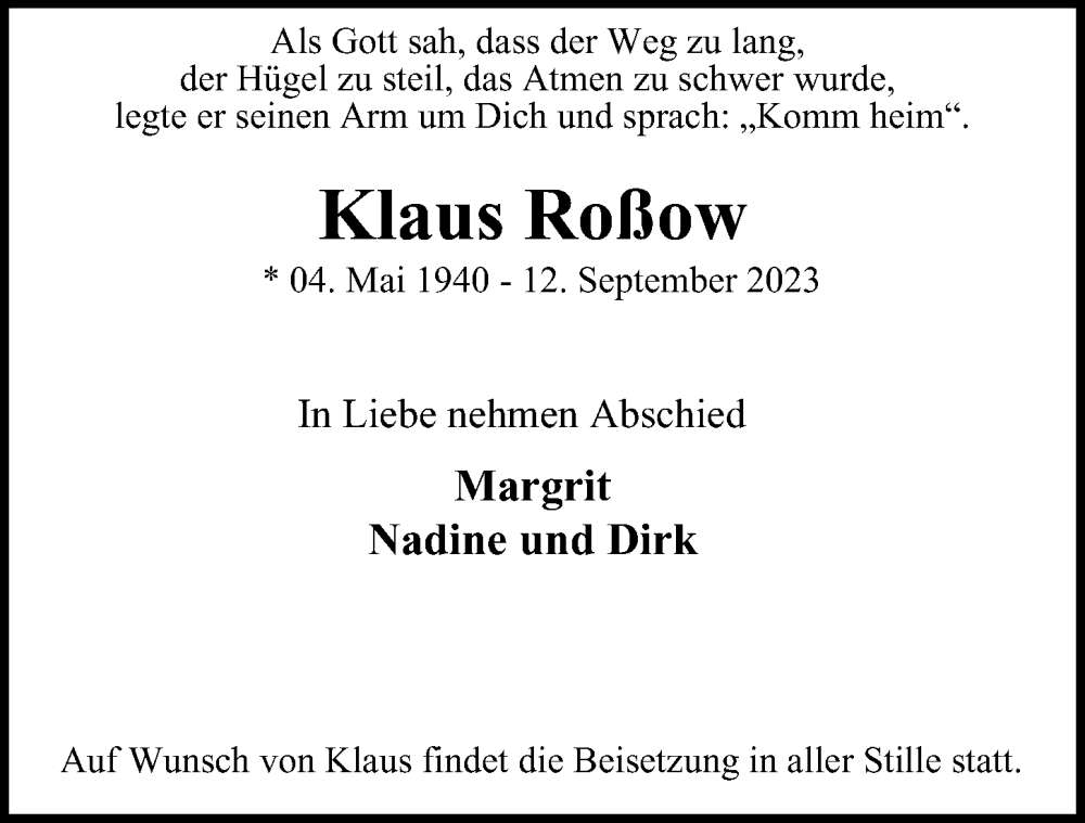  Traueranzeige für Klaus Roßow vom 16.09.2023 aus Hamburger Abendblatt