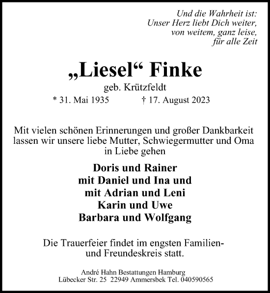 Traueranzeige von Liesel Finke von Hamburger Abendblatt