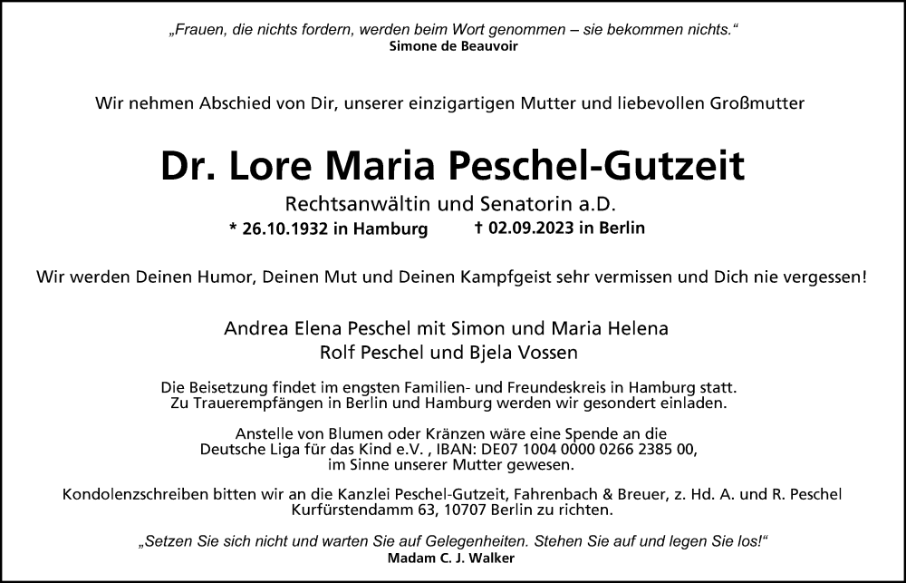  Traueranzeige für Lore Maria Peschel-Gutzeit vom 16.09.2023 aus Hamburger Abendblatt