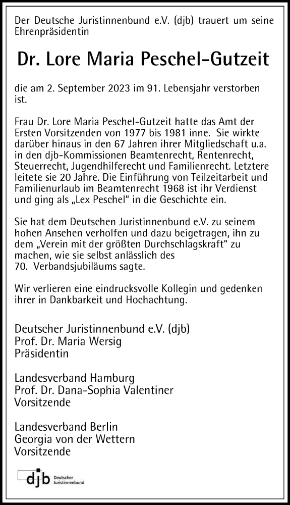 Traueranzeige für Lore Maria Peschel-Gutzeit vom 16.09.2023 aus Hamburger Abendblatt