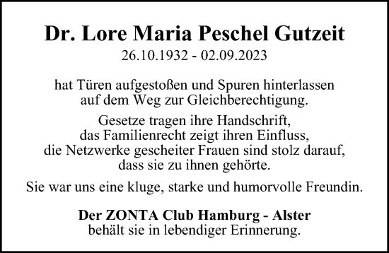 Traueranzeige von Lore Maria Peschel Gutzeit von Hamburger Abendblatt