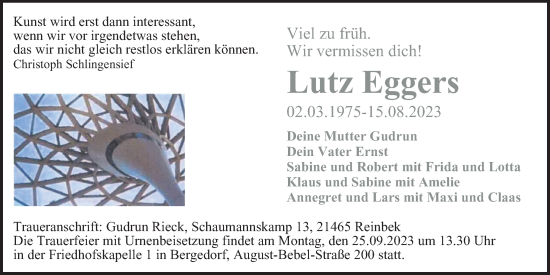 Traueranzeige von Lutz Eggers von Bergedorfer Zeitung