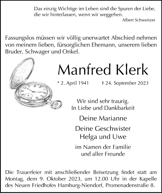 Traueranzeige von Manfred Klerk von Hamburger Abendblatt