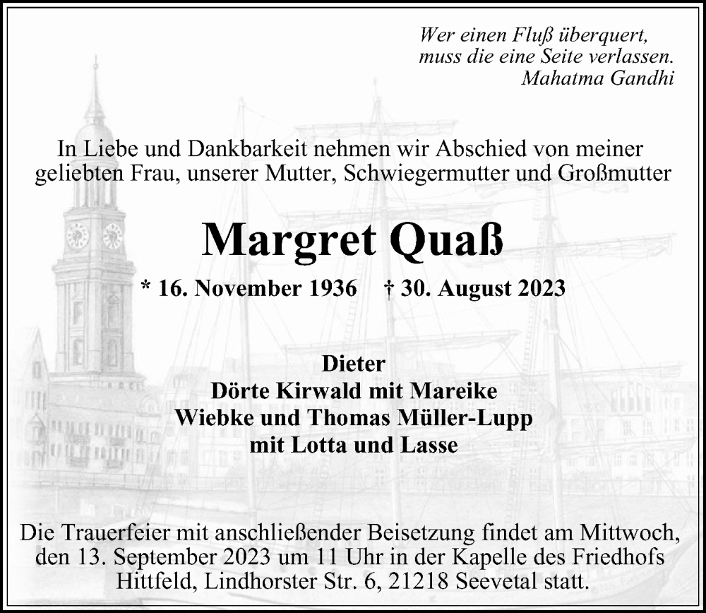  Traueranzeige für Margret Quaß vom 09.09.2023 aus HA Regio Harburg