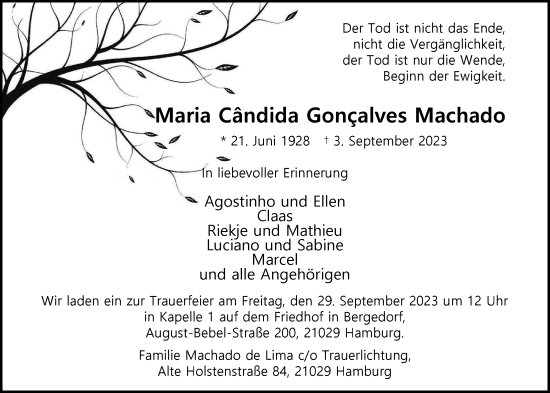 Traueranzeige von Maria Candida  Goncalves Machado 