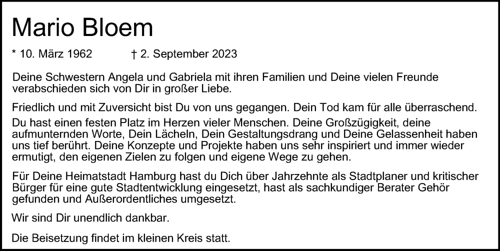  Traueranzeige für Mario Bloem vom 16.09.2023 aus Hamburger Abendblatt