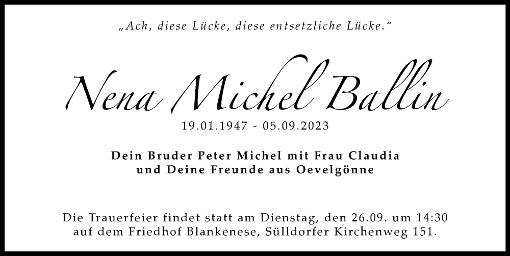 Traueranzeige für Nena Michel Ballin vom 16.09.2023 aus Hamburger Abendblatt