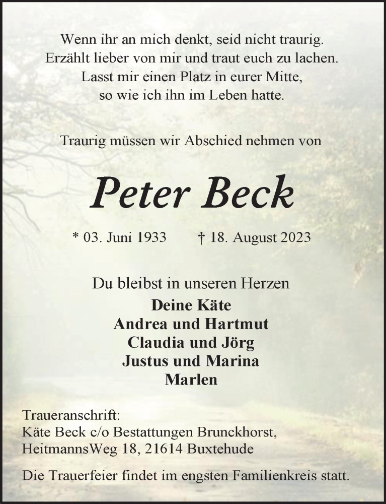  Traueranzeige für Peter Beck vom 16.09.2023 aus Hamburger Abendblatt
