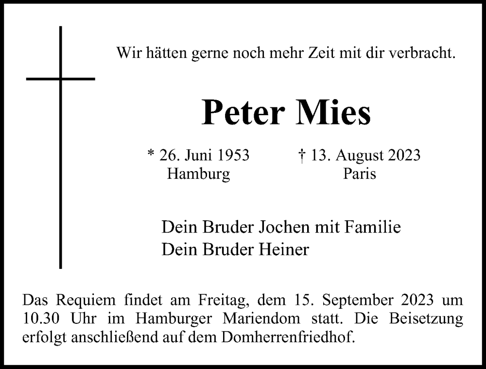  Traueranzeige für Peter Mies vom 09.09.2023 aus Hamburger Abendblatt