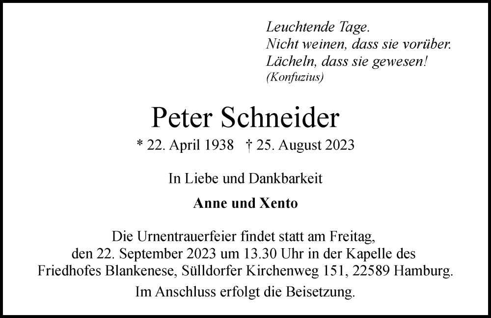  Traueranzeige für Peter Schneider vom 16.09.2023 aus Hamburger Abendblatt