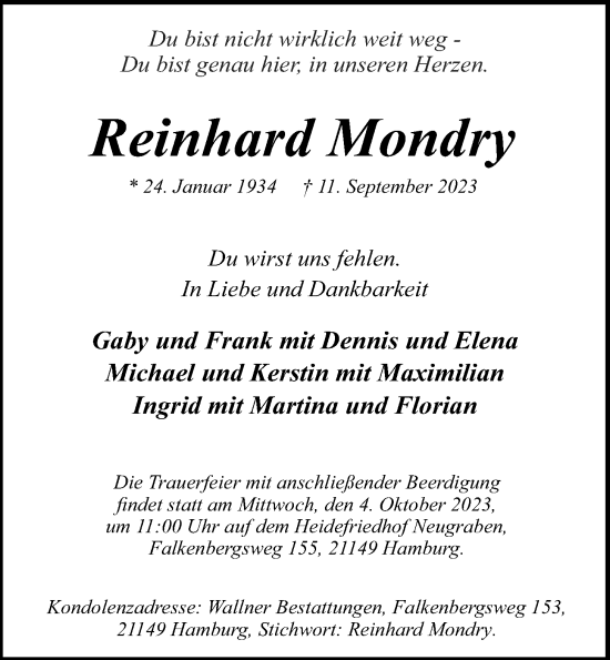 Traueranzeige von Reinhard Mondry 