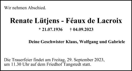 Traueranzeige von Renate Lütjens - Féaux de Lacroix von Hamburger Abendblatt