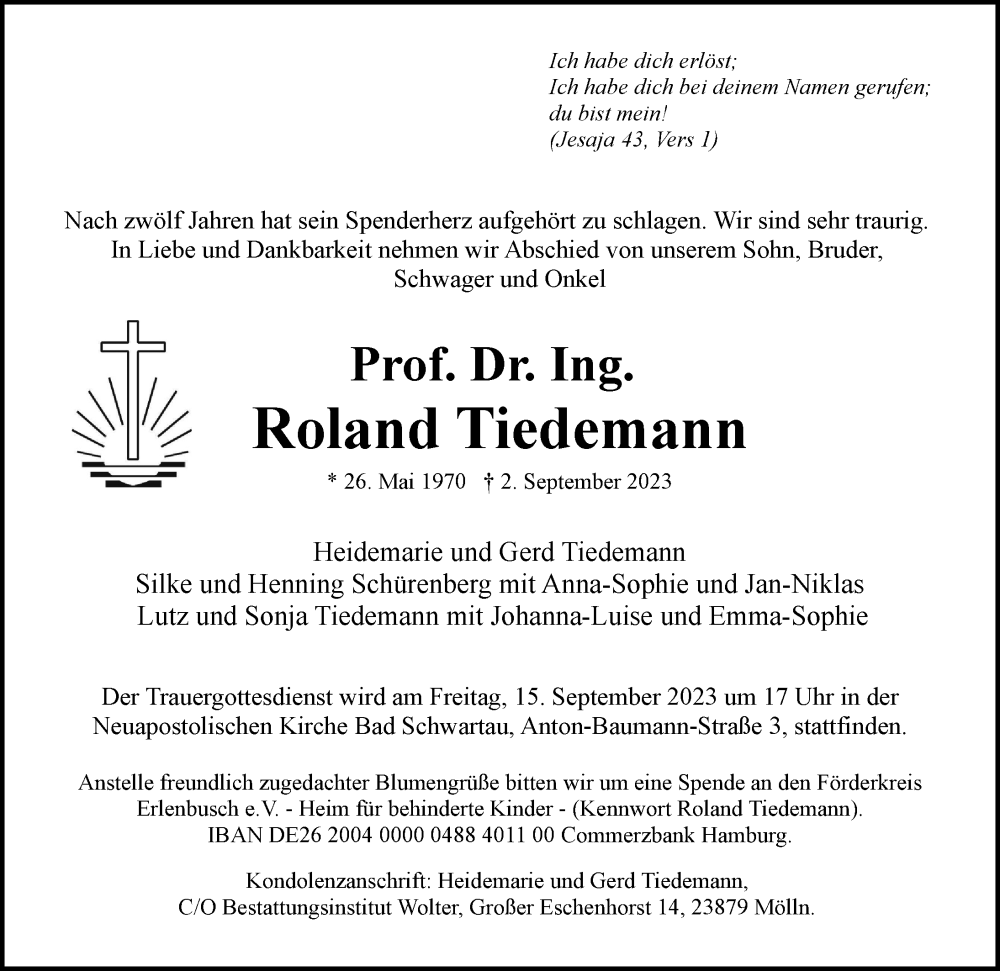  Traueranzeige für Roland Tiedemann vom 09.09.2023 aus Hamburger Abendblatt