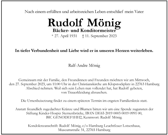 Traueranzeige von Rudolf Mönig von Hamburger Abendblatt