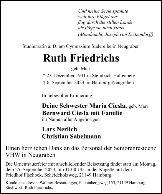 Traueranzeige von Ruth Friedrichs von Hamburger Abendblatt