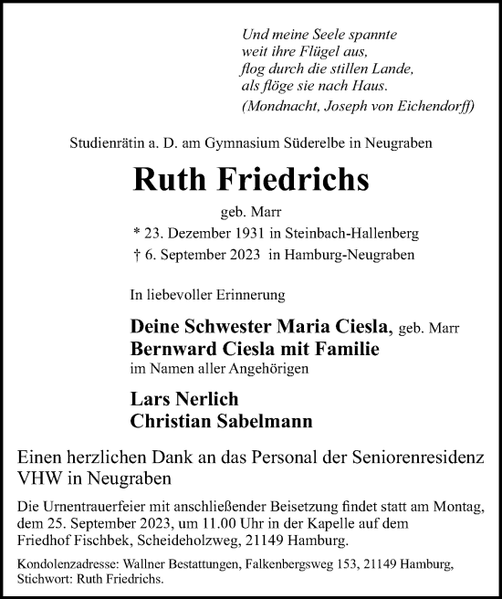 Traueranzeige von Ruth Friedrichs 