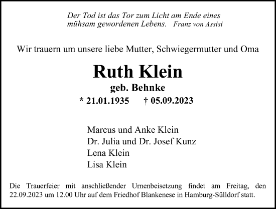 Traueranzeige von Ruth Klein von Hamburger Abendblatt