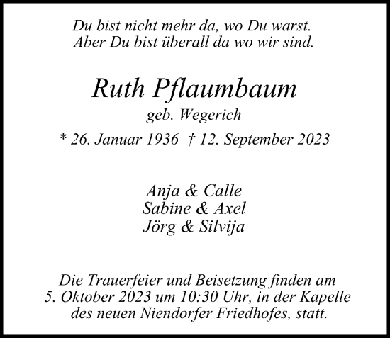 Traueranzeige von Ruth Pflaumbaum 