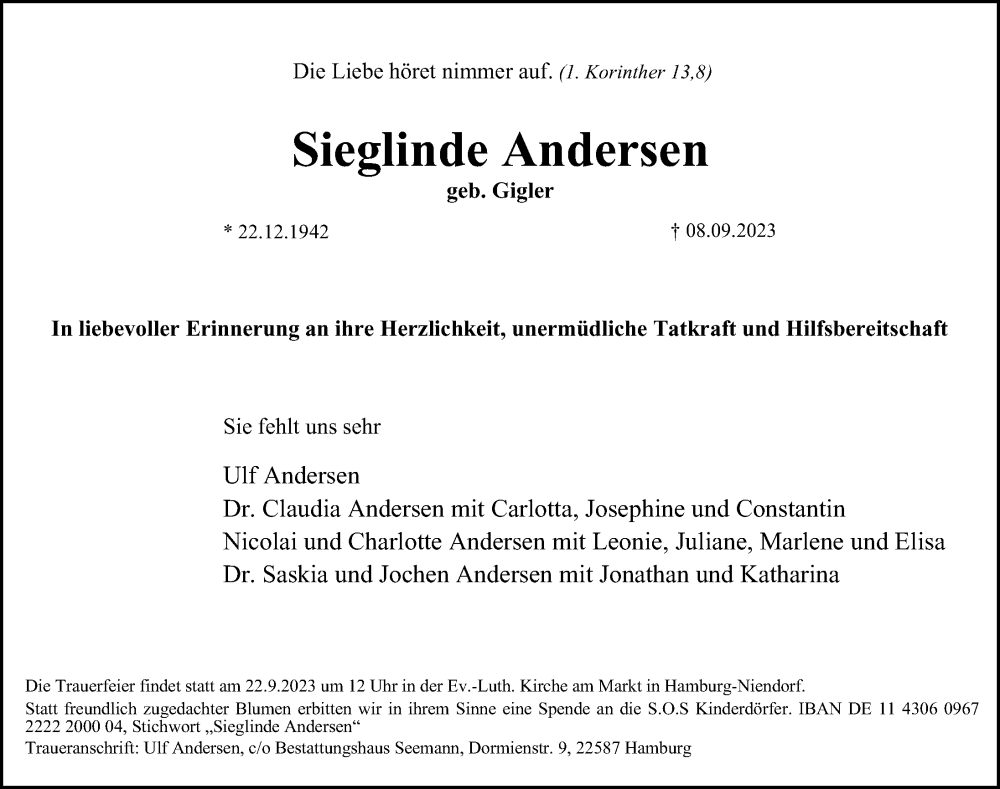  Traueranzeige für Sieglinde Andersen vom 16.09.2023 aus Hamburger Abendblatt