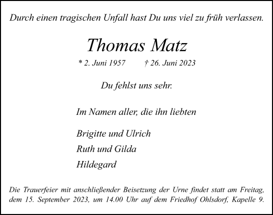 Traueranzeige von Thomas Matz von Hamburger Abendblatt