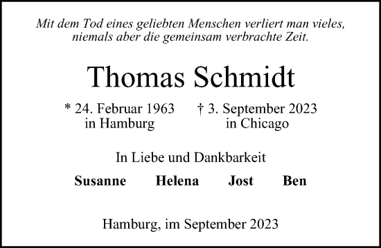 Traueranzeige von Thomas Schmidt von Hamburger Abendblatt