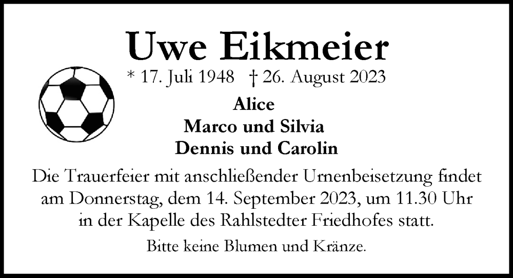  Traueranzeige für Uwe Eikmeier vom 09.09.2023 aus Hamburger Abendblatt