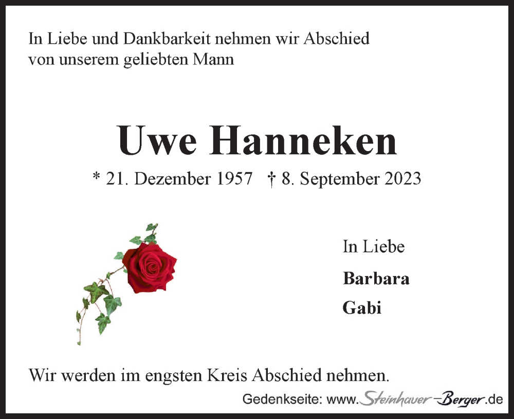  Traueranzeige für Uwe Hanneken vom 16.09.2023 aus Hamburger Abendblatt