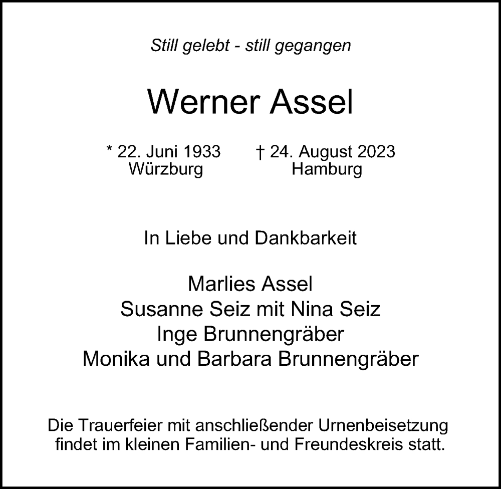  Traueranzeige für Werner Assel vom 16.09.2023 aus Hamburger Abendblatt