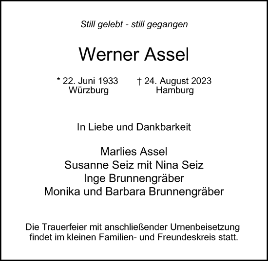 Traueranzeige von Werner Assel von Hamburger Abendblatt
