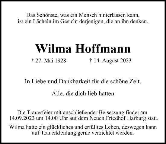 Traueranzeige von Wilma Hoffmann 