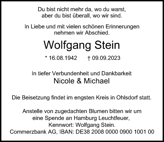 Traueranzeige von Wolfgang Stein von Hamburger Abendblatt